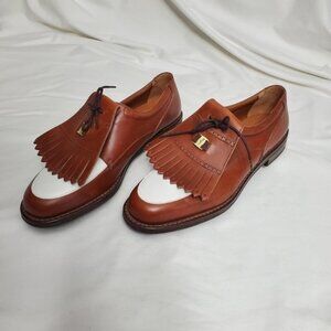 Salvatore Ferragamo SPORT Vintage Leather Kiltie Golf Shoes - Tan & White